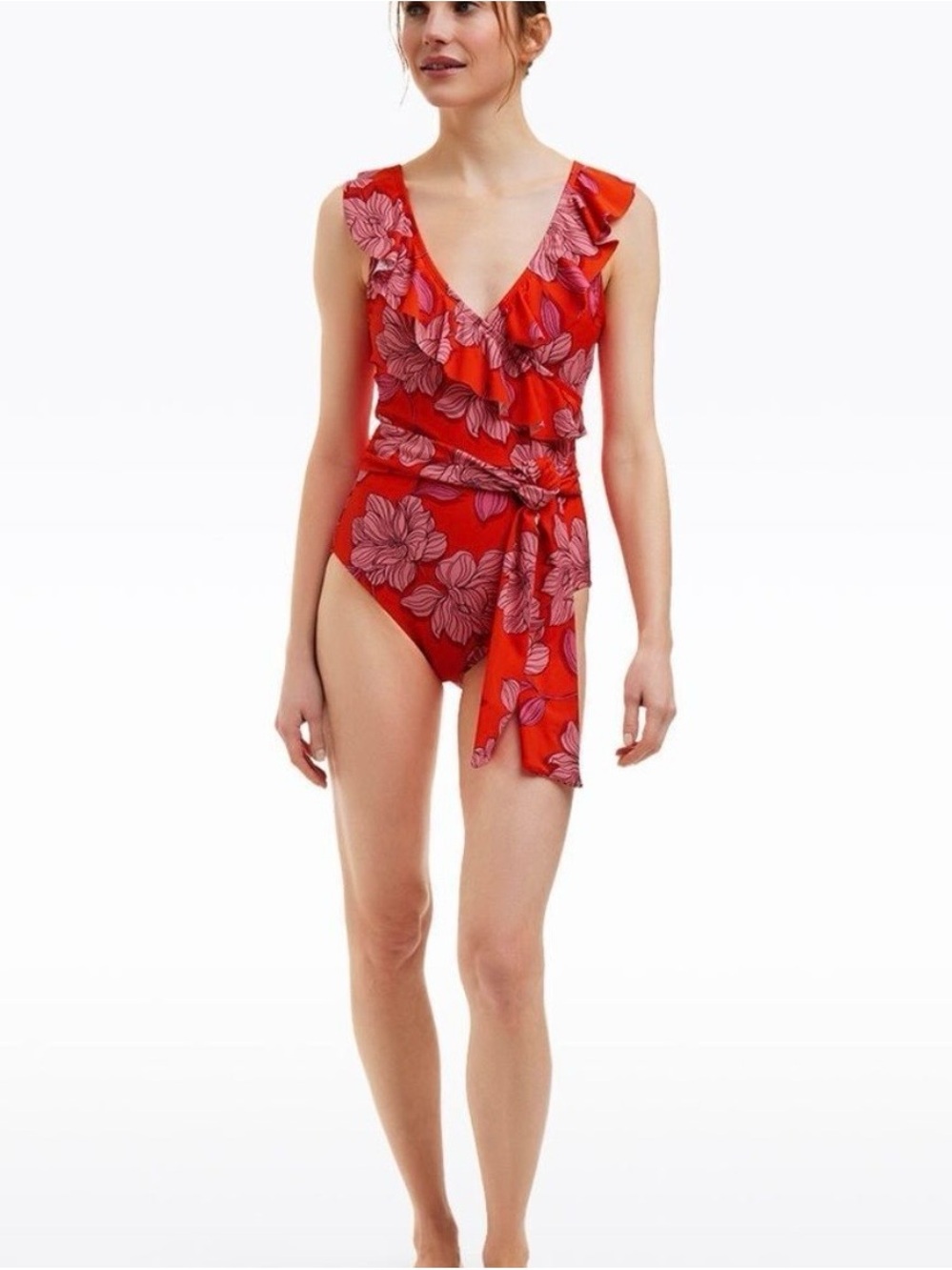 Draper James Red Floral Ruffle One-Piece with Side Sash and Matching Cover Up